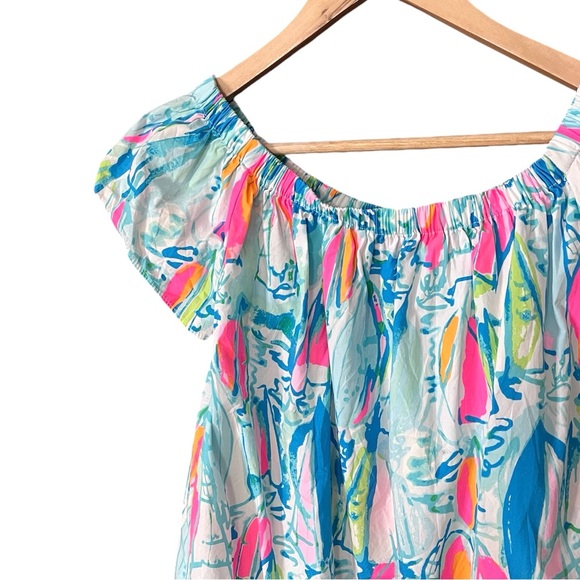 Lilly Pulitzer Bae Sunglow Blue Pink Sailboat Off Shoulder Dress Small - Picture 3 of 3